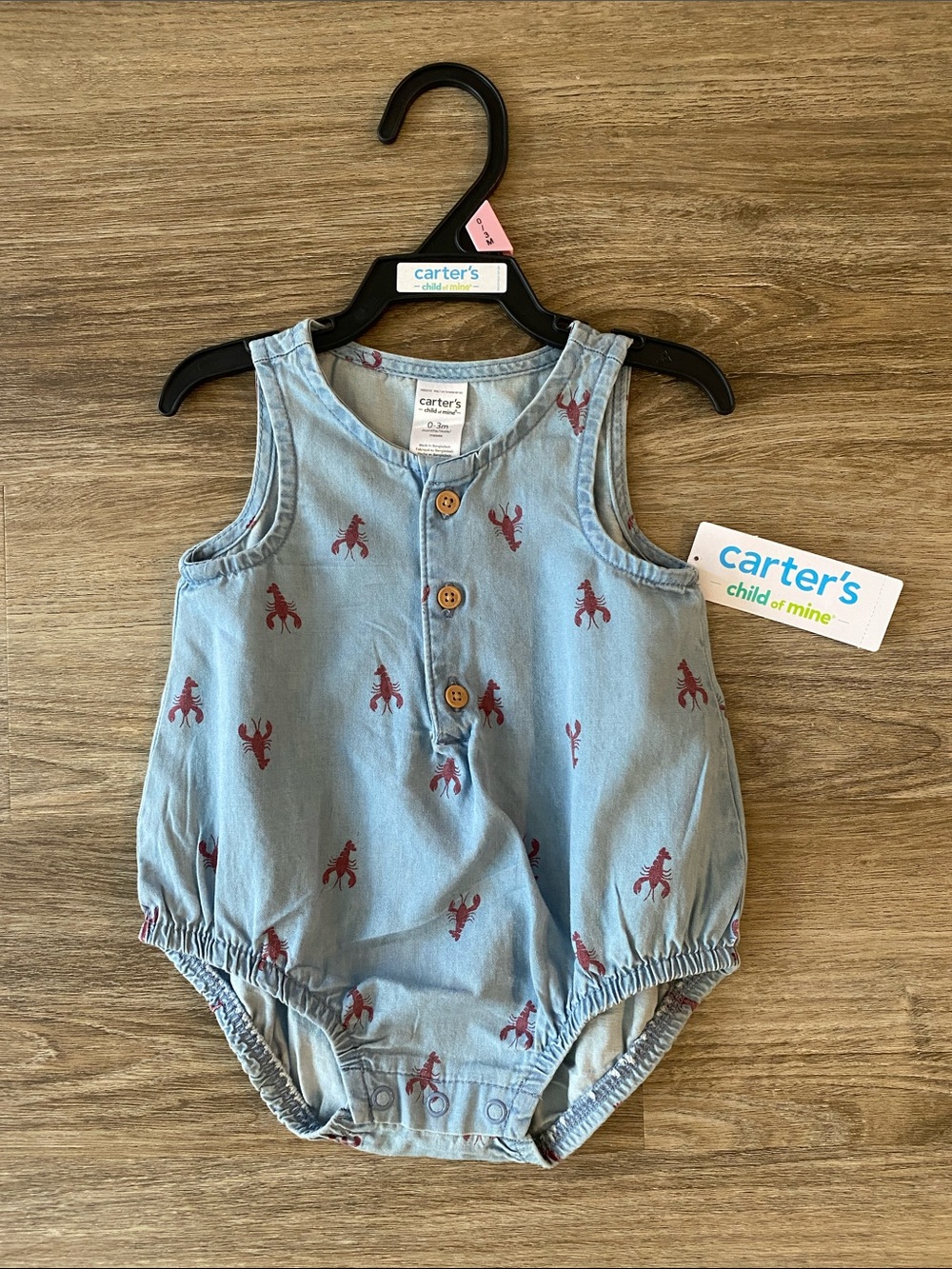 Carter's Light Blue Denim-Style Romper with Red Lobster Motif
